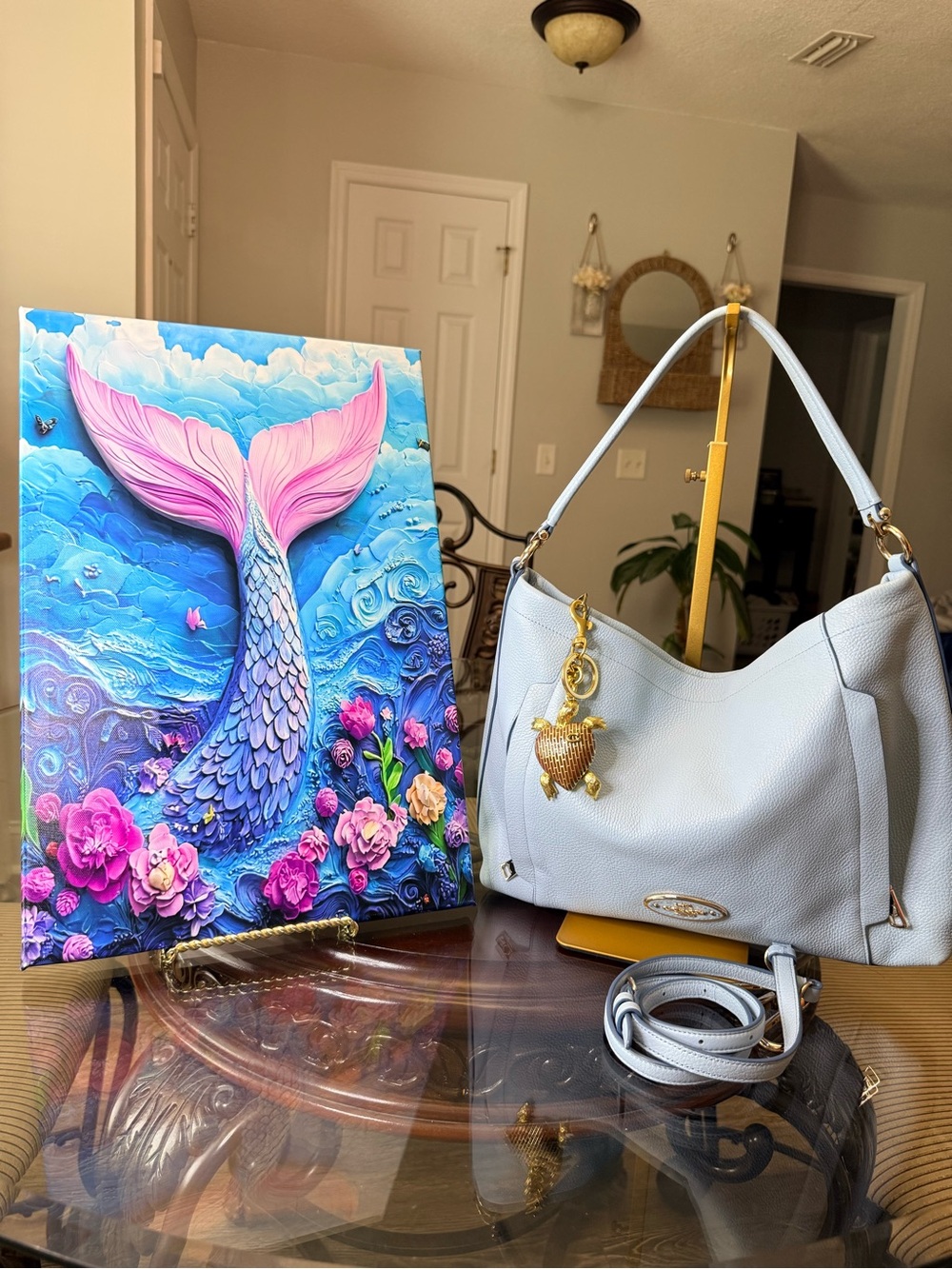 Coach Light Blue Leather Crossbody with Gold Zipper